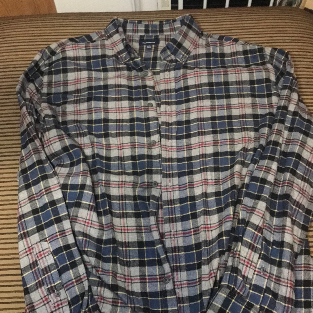Flannel button down. Grey blue red yellow